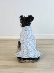 寵物貓狗冬季居家保暖電纜編織提花針織羊毛衣服和裙子 - 藍色 - 查看 6