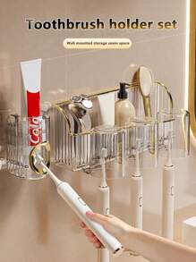 豪華壁掛式牙刷架套裝,帶自粘多功能浴室收納架、牙膏挤压器和漱口杯架 - 透明白色 - 查看 1