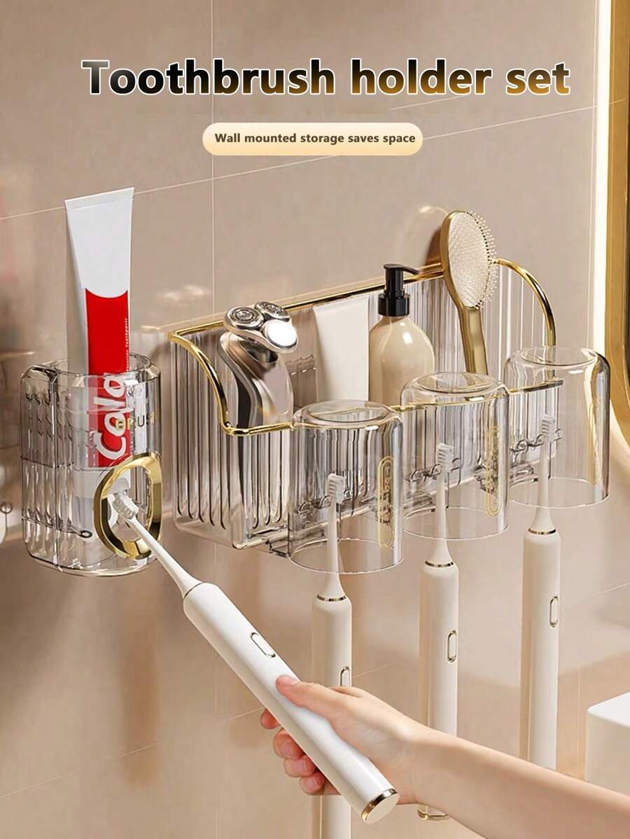 豪華壁掛式牙刷架套裝,帶自粘多功能浴室收納架、牙膏挤压器和漱口杯架 - 透明白色 - 查看 1