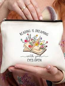 卡通書本印花化妝包,大容量收納化妝包,化妝收納袋,旅行袋,洗漱袋,旅行必備品,送給老師的禮物,輕便收納袋,適合女性和男性的個人旅行和商務旅行收納,大學生返校和家庭禮物 - 米色 - 查看 4