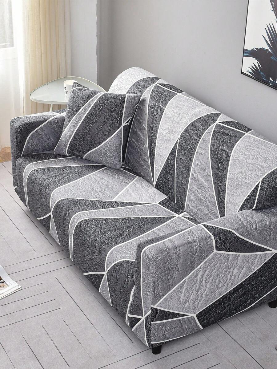 1pc Elastic Sofa Cover With Modern Geometric Design, Made Of Polyester Fiber, Waterproof & Machine Washable, Suitable For All Seasons - Grey - View 1