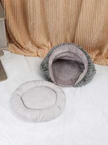 1個灰色海貝形厚毛邊寵物床,適合小於4公斤的貓狗在室內休息和睡覺 - 灰色 - 查看 5