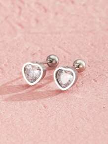 1對時尚簡約不鏽鋼心形立方氧化鋯裝飾耳釘,適用於女孩甜美派對珠寶,兒童生日禮物 - 金黃色 - 查看 9