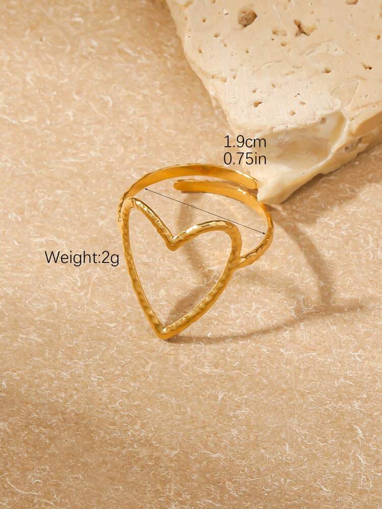 1 pieza Anillo de estilo simple y lujoso con diseño de corazón hueco personalizado para mujeres, regalo de San Valentín - Dorado - Ver 3