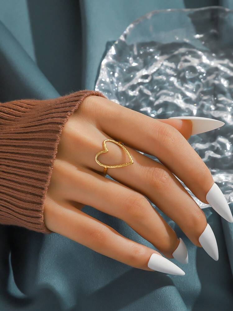 1 pieza Anillo de estilo simple y lujoso con diseño de corazón hueco personalizado para mujeres, regalo de San Valentín - Dorado - Ver 1
