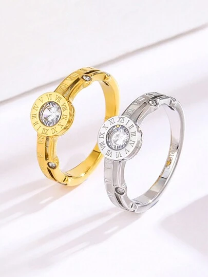 1pc Stainless Steel Crossed Roman Numeral & Zirconia Ring, Fashionable European And American Style With Simple Design, High End With Niche And Ins Style, Sweet And Delicate Personalized Creative Index Finger Ring For Women's Daily Wear