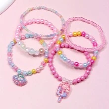 6pcs Girls Shell Decor Plastic Cute Beaded Bracelet For Daily Decoration - Multicolor - View 6