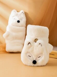 1副掀蓋設計加厚絨面女式半指手套,冬季保暖,可愛外出騎行手套,米白色 - 米色 - 查看 7