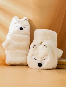 1副掀蓋設計加厚絨面女式半指手套,冬季保暖,可愛外出騎行手套,米白色 - 米色 - 查看 6