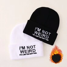 1頂y2k風格哥特字母i'm Not Weird針織帽。保暖時尚的嘻哈風毛線帽,男女適用。適合戶外、騎自行車、旅行和滑雪。 - 黑色 - 查看 3