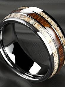 1pc Fashion Silver Color Men's Stainless Steel Rings Koa Wood Deer Antler Inlay Dome Engagement Rings For Men Women Wedding Jewelry - Multicolor - View 5