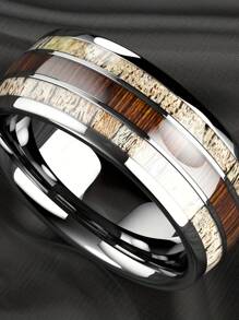 1pc Fashion Silver Color Men's Stainless Steel Rings Koa Wood Deer Antler Inlay Dome Engagement Rings For Men Women Wedding Jewelry - Multicolor - View 2