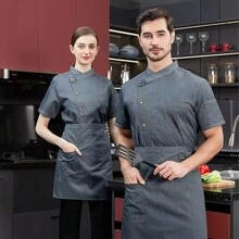 Chaqueta de chef transpirable, blanca, gris y negra, elegante, manga corta, unisex, cómoda y duradera, adecuada para cocinar, hornear, hotel, restaurante, catering, manga corta de verano, uniforme de trabajo... - Gris - Ver 3