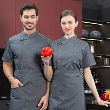 Chaqueta de chef transpirable, blanca, gris y negra, elegante, manga corta, unisex, cómoda y duradera, adecuada para cocinar, hornear, hotel, restaurante, catering, manga corta de verano, uniforme de trabajo... - Gris - Ver 6