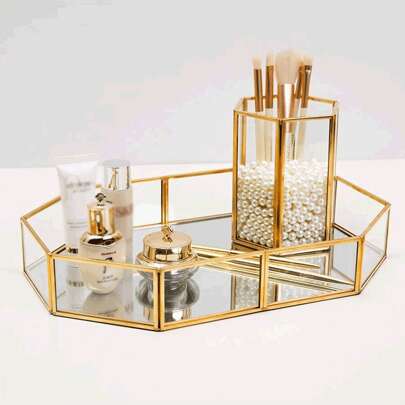1件简约风格黄铜玻璃梳妆托盘，透明玻璃首饰收纳盒，化妆品收纳展示盒，家居装饰，情人节/开学季礼物，房间装饰
