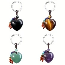 1pc Natural Tiger Eye Green Amethyst Obsidian Comes With 7 Chakra Beads Tassel Heart Shape Natural Stone Pendant Crystal Heart Keychain Keyring For Men Women Dad Jewelry Healing Crystal Keychain Gifts - Multicolor - View 11