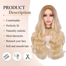 28英寸长波浪金色假发，深色发根，自然逼真的合成长发，中分，耐热，适合日常佩戴和派对场合 - 金色 - 查看 4