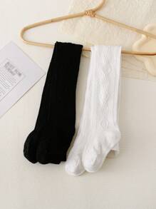 2pcs Japanese Style Girls' Simple Relief Diamond Patterned Tights - Black and White - View 5