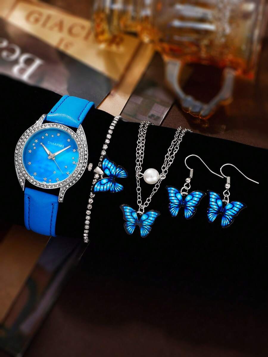 Set de 5 relojes de mujer con diseño de mariposa de última moda - Azul - Ver 1