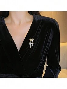 1 件女用金貓型立方氧化鋯胸針,可日常配戴 - 金色 - 查看 1