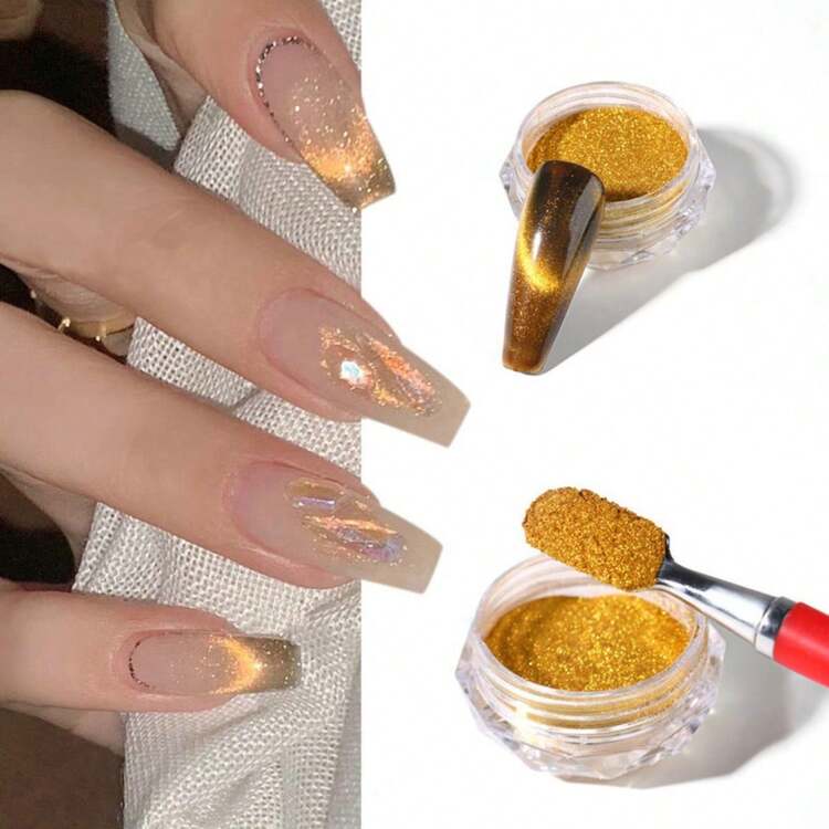 1 Pieza Polvo Magnético De Cambio De Color Para Arte De Uñas 3d Ojo De Gato - Polvo De Efecto Espejo Camaleón Con Pigmento De Cromo En Polvo Para Arte De Uñas Diy - Amarillo - Ver 2