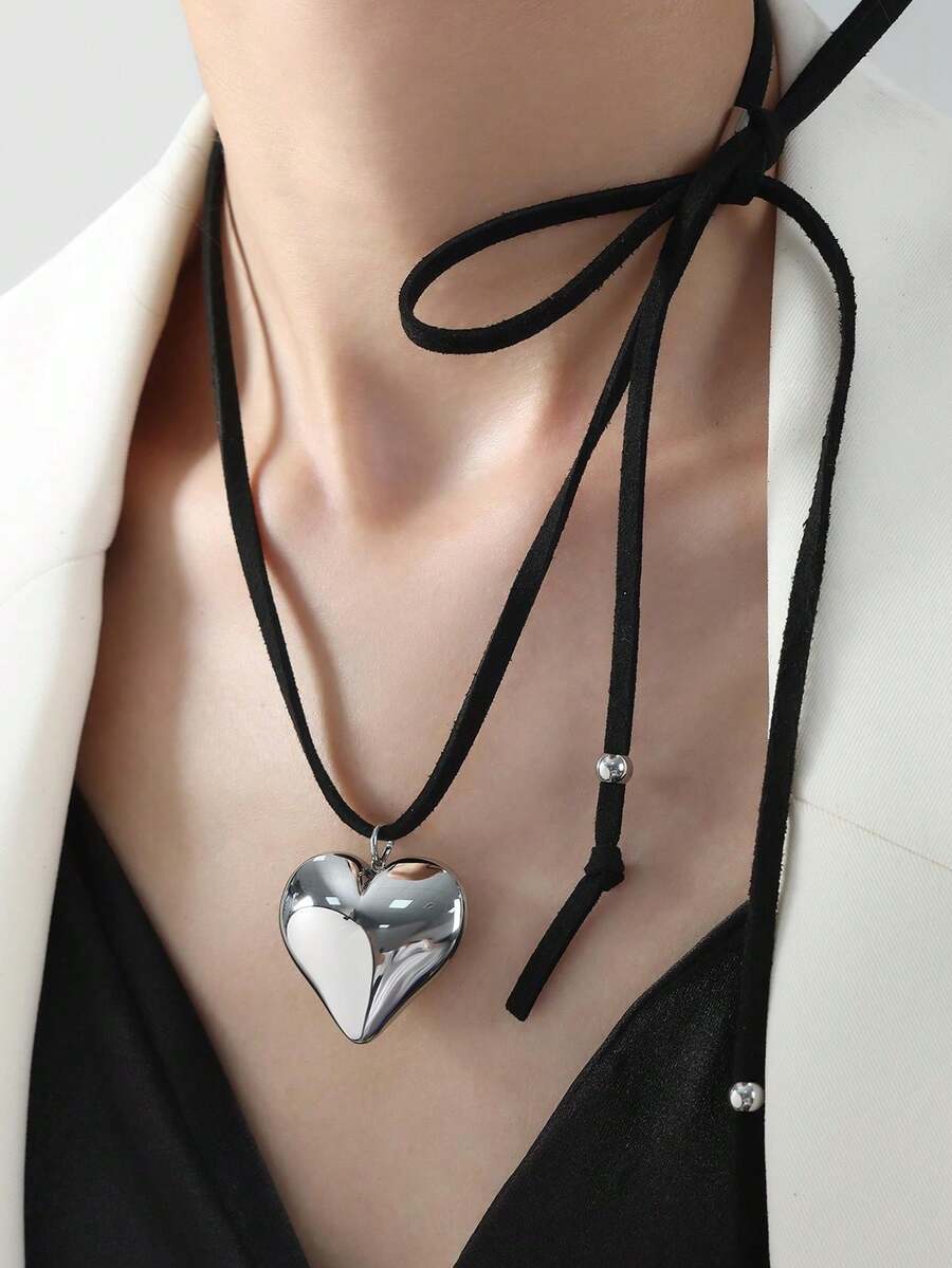 1件欧美风格个性化可爱心形吊坠项链，长款可调节毛衣链 - 彩色 - 查看 1