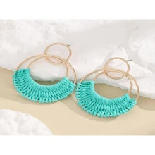 Nuevos Aretes Colgantes Hechos A Mano En Estilo Bohemio Trenzado De Hierba De Rafia De Europa Y América, Creativo Trenzado Hecho A Mano - Morado - Ver 6