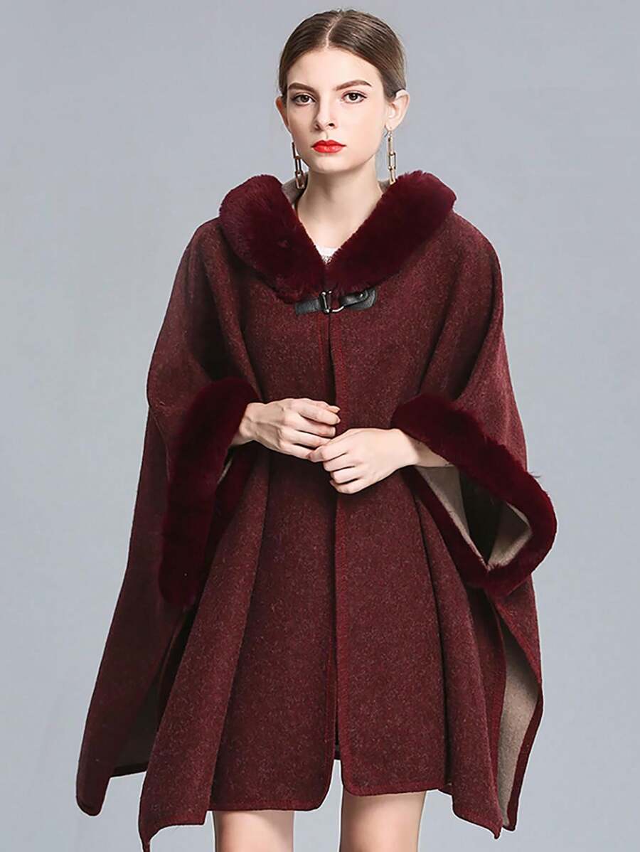 1 bucată haină de pelerina de lungime medie pentru femei, cu glugă și guler șal, cardigan din tricot cu două fețe - Multicolor - Vizualizare 1