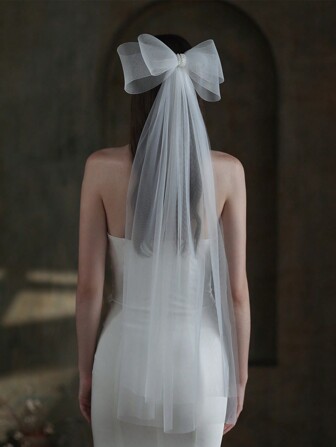 White Bow-Tie Tulle Bridal Veil, Wedding Veil For Brides Elegant Halloween