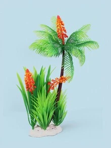 1pc Plastic Coconut Tree Decorated Fish Tank Landscape, Realistic Aquarium Plant, Artificial Flowers And Sand Set Piece - Green - View 2