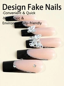 24片Y2K风格粉色长方形按压式美甲贴片，黑色法式甲尖，蝴蝶和水钻设计，亮面全覆盖假指甲，适合女性和女孩，DIY美甲用品 - 彩色 - 查看 3