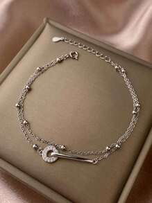 ESBERRY 1入女士雙層圓形魅力手鍊，S925純銀時尚精細珠寶，假日禮物 - 銀色 - 查看 2