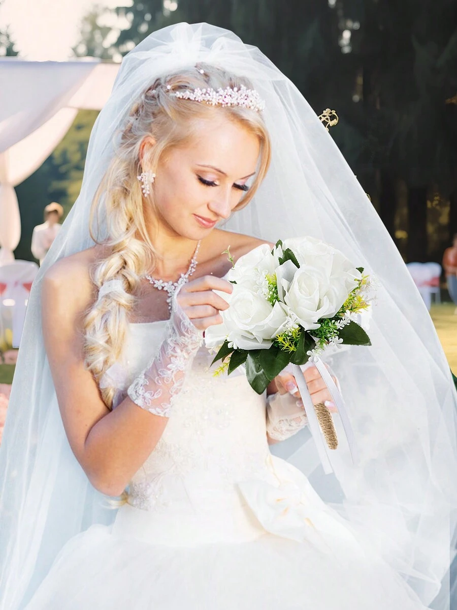 1入組象牙白色玫瑰伴娘新娘婚禮花束,創意麻繩手柄,非常適合婚紗攝影和婚禮使用