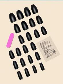24入組啞黑色假指甲貼紙套組，彈跳咖啡杯棺材形狀指甲貼紙，附指甲果凍和指甲文件，壓貼式假指甲，美甲用品 - 黑色 - 查看 2