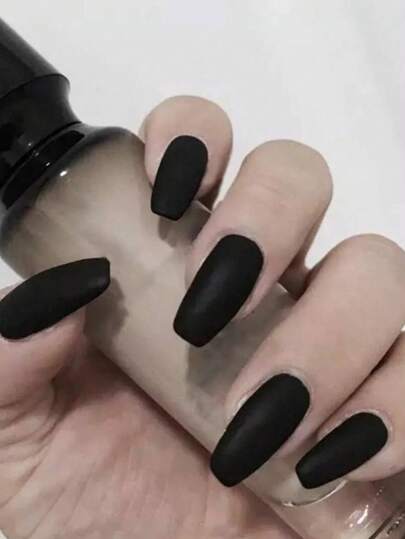 24入組啞黑色假指甲貼紙套組，彈跳咖啡杯棺材形狀指甲貼紙，附指甲果凍和指甲文件，壓貼式假指甲，美甲用品