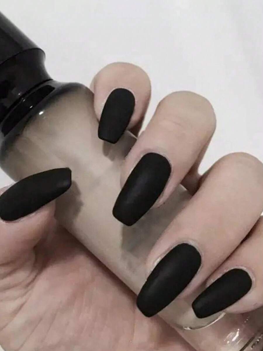 24入組啞黑色假指甲貼紙套組，彈跳咖啡杯棺材形狀指甲貼紙，附指甲果凍和指甲文件，壓貼式假指甲，美甲用品 - 黑色 - 查看 1