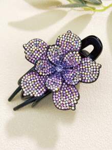 1 件女式藍色水鑽雙層花朵馬尾辮三齒夾髮夾時尚通勤派對禮物 - 藍色 - 查看 9