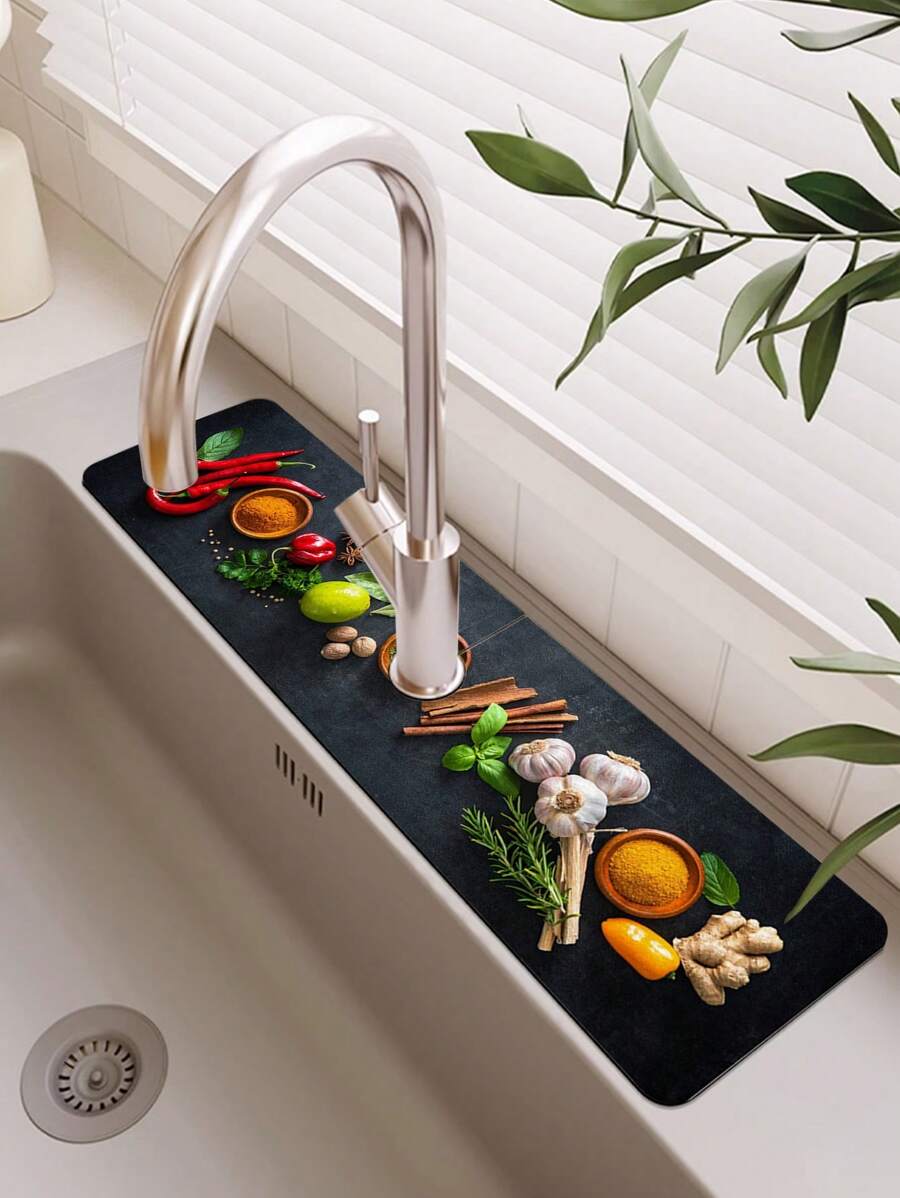 1pc Anti-Slip Silicone Drying Mat With Seasoning Pattern, Multiple Sizes For Different Faucets, Kitchen Bathroom Accessory - Multicolor - View 1