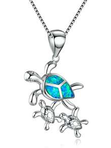 1 Pc Cute Mother Turtle With Baby Turtle Pendant Necklace Fashion Blue Imitation Opal Necklace For Women Anniversary Wedding Jewelry Accessories - Blue - View 1