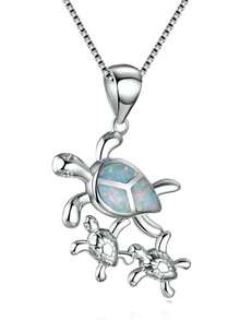 1 Pc Cute Mother Turtle With Baby Turtle Pendant Necklace Fashion Blue Imitation Opal Necklace For Women Anniversary Wedding Jewelry Accessories - Blue - View 4