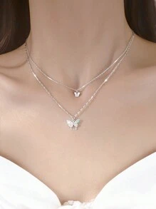 方晶鋯石蝴蝶墜飾純銀項鍊 - 彩色 - 查看 1