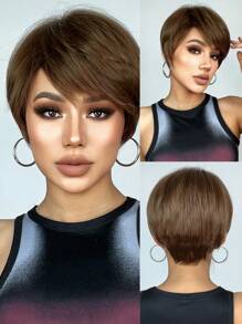 10 英寸短直发假发 女士合成耐热假发 清新自然假发 适合日常佩戴 - 棕色 - 查看 1