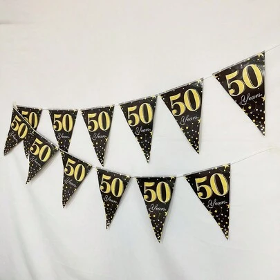 12pcs/Pack Black And Gold Colored 50th Birthday Celebration Banner,Christmas