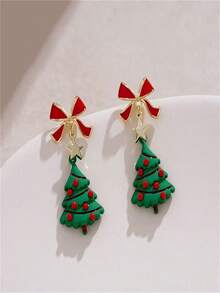 1pair Women'S Christmas Bowknot Design Earrings In European And American Style, Suitable For Parties, Adult Ceremonies And Daily Wear - Red - View 5
