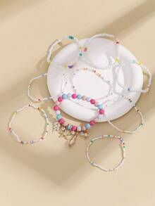 9pcs/Set Glass Beaded Ocean Themed Bracelet With Micro-Paved Cubic Zirconia Leaf, Starfish, Waterdrop Pendant, Suitable For Women'S Daily Wear - Multicolor - View 3