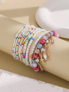 9pcs/Set Glass Beaded Ocean Themed Bracelet With Micro-Paved Cubic Zirconia Leaf, Starfish, Waterdrop Pendant, Suitable For Women'S Daily Wear - Multicolor - View 4