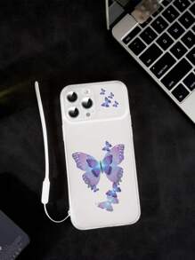 夏季1入組發光霧面藍色TPU蝴蝶圖案防震手機殼和1入矽膠發光掛繩夜光趣味保護套，適用於iPhone，三星，小米，紅米，歐珀 - 藍色 - 查看 3