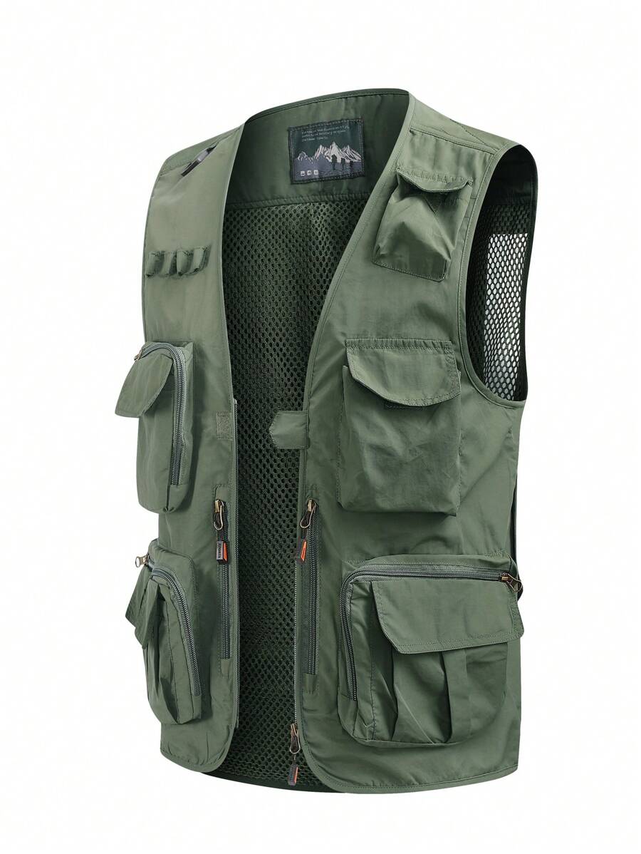 男士戶外多袋透氣背心外套,四季皆可穿 - 軍綠色 - 查看 1
