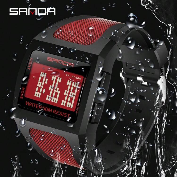 Sanda 1 Peça Relógio Eletrônico Multifuncional Para Alunos, Homens E Mulheres, Mostrador Digital Automático Fashion E Simples, Luz Noturna, Impermeável, Adequado Para Esportes E Lazer, 222 - Vermelho - Visão 4