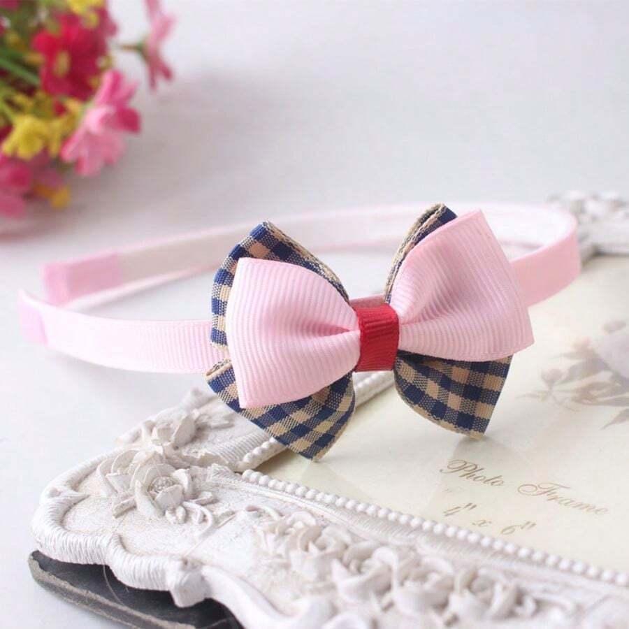 1pc Korean Style Color-Block Hair Band For Kids, Girls' Grid Pattern Hair Hoop With Bowknot Decor, Wholesale Available, Suitable For Daily Use - Pink - View 1